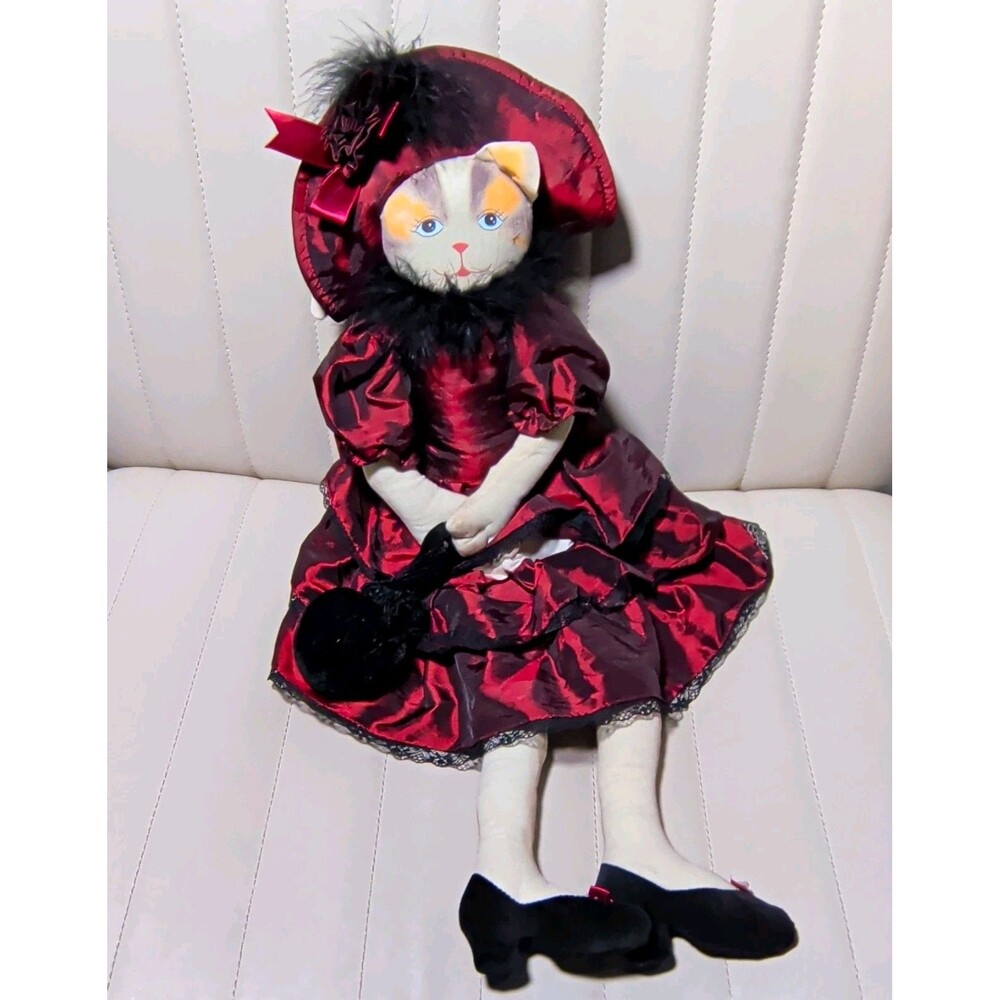 Holiday Cat Fancy Doll Fabric Lace Red Black Dress w/ Hat Purse Shoes Weighted